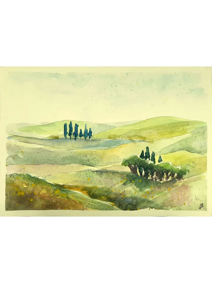Tuscany Hills Sultry Summer Landscape 5,9 x 8,3 inches ORIGINAL Watercolor Painting yellow Small Art Signed by artist Marina Chuchko
