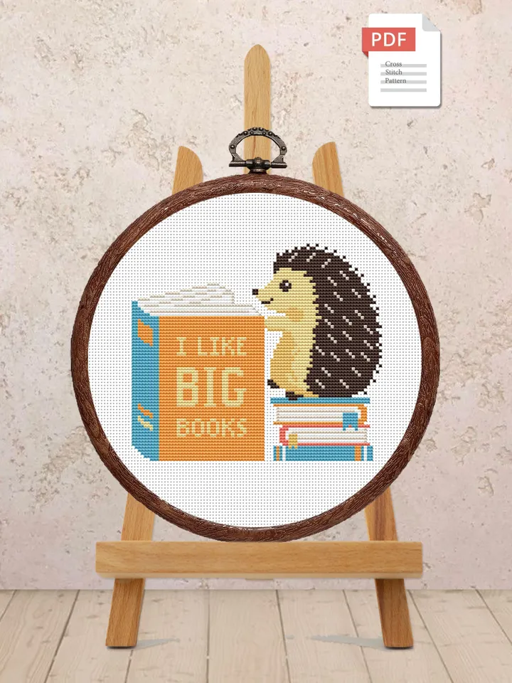 I Like Big Books Cross Stitch Pattern, Hedgehog Cross Stitch Pattern, Books Cross Stitch Pattern, Books Patterns #qt002