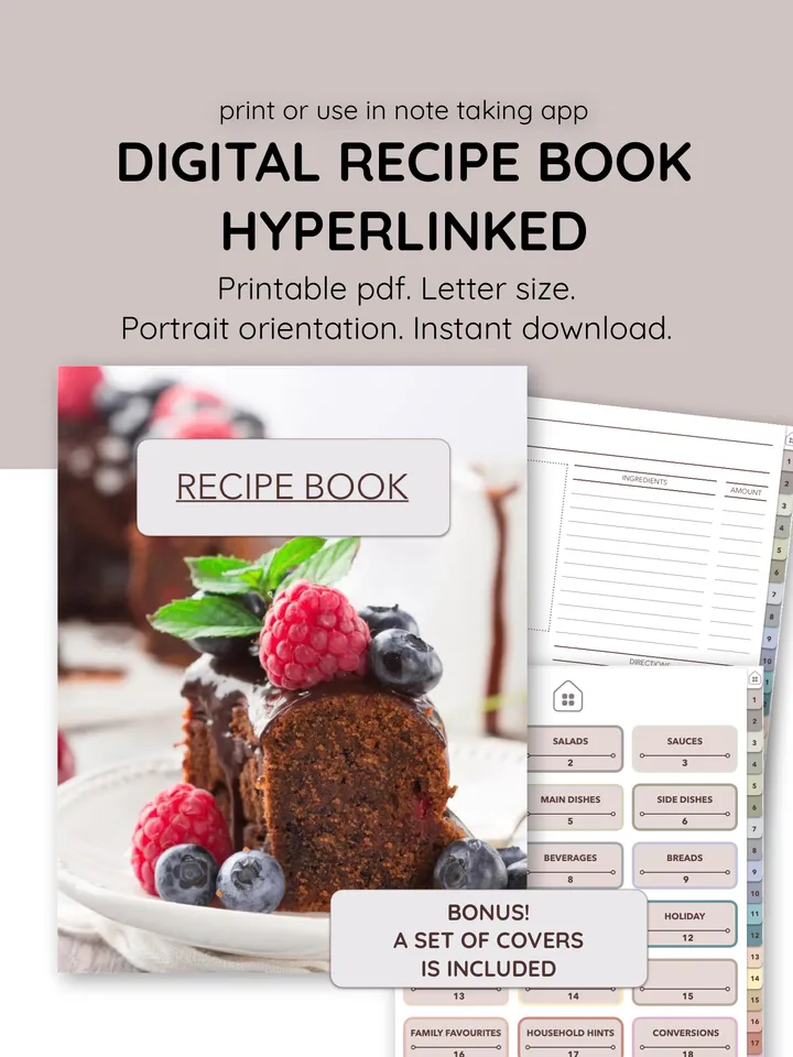Digital Recipe Book. Family cook book. Hyperlinked Recipe Book.Recipe Planner. Recipe Book Template. Digital Cook book.