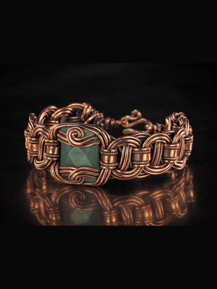 Copper wire wrapped chalcedony bracelet Unique woven copper wire bangle