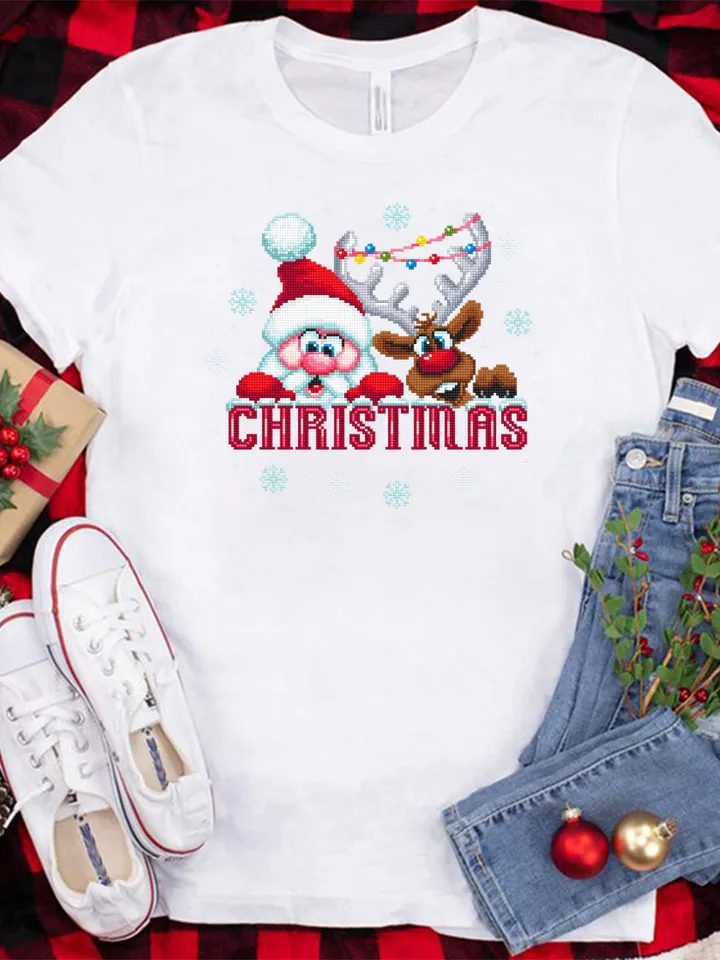 Christmas santa and reindeer cross stitch pattern download PDF Funny deer cross stitch chart, Christmas pattern digital PDF, Home decor #N64