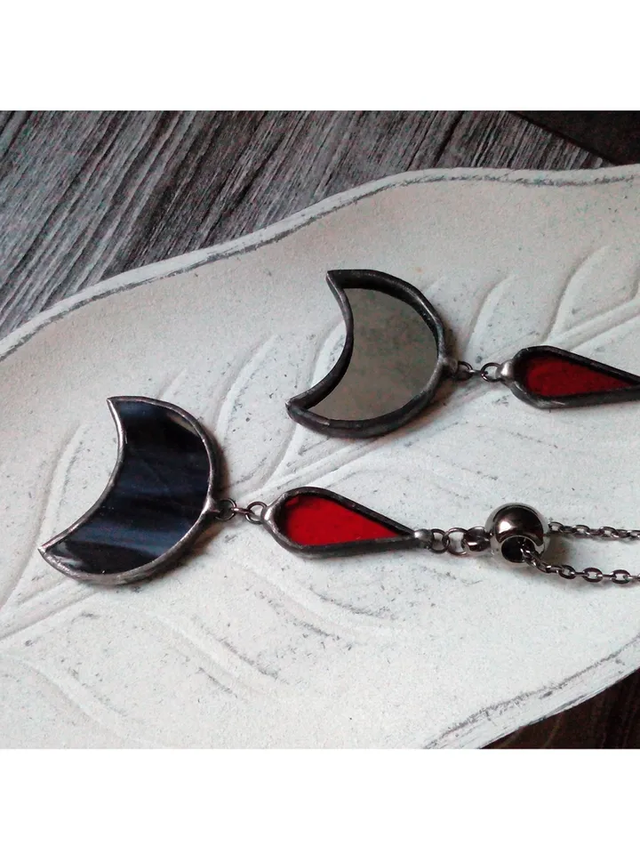 Mirror crescent necklace, blood moon necklace, black lilith, soldered crescent, Halloween moon, witchy aesthetic