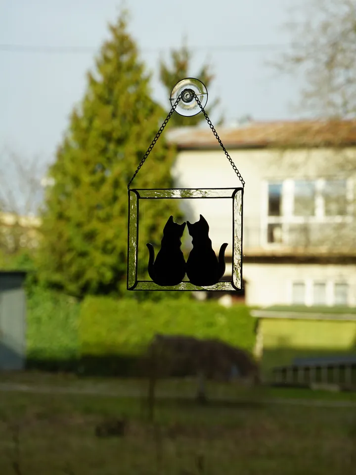Two Black Cats in Frame Stained glass window hanging Suncatcher . Gift for animal lover , pet loss memorial