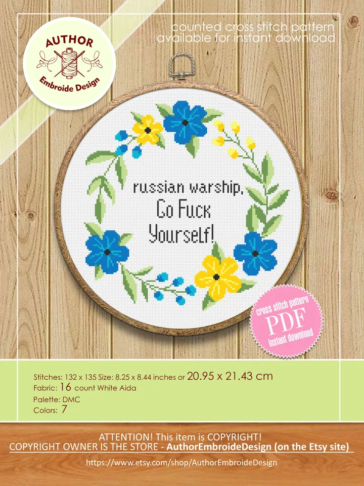 Flower wreath cross stitch pattern download PDF Russian Warship Go Fuck Yourself, Framed quote cross stitch chart Floral embroidery PDF #Q43