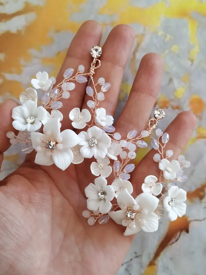 Opal Crystal Bridal Earrings Floral Wedding Earrings Boho Wedding Earrings Rose Gold Hoop Chandelier Earrings Statement Wedding Earrings