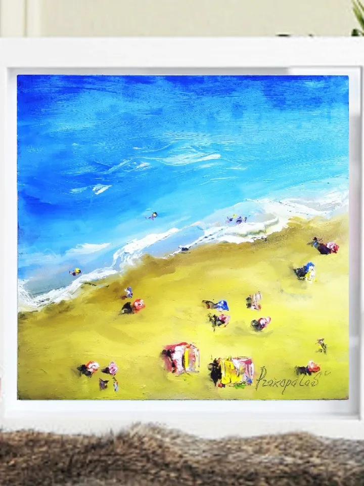 Beach Painting Seascape Original Art 8 by 8 Inches Coast Oil Impasto Painting Florida People on Beach Wall Art by ArtProkopaloSv