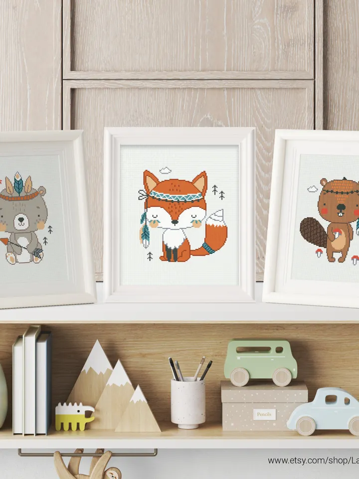 Bundle of 5 animals Boho style cross stitch pattern bear bunny owl fox beaver nursery decor counted chart gift DIY embroidery instant PDF