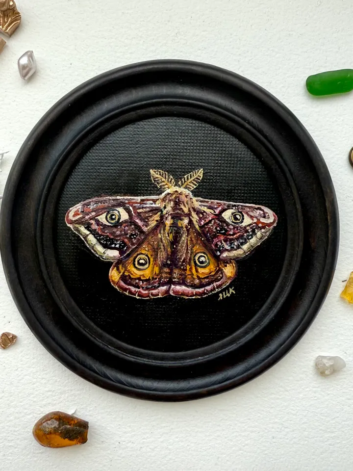 Moth Painting Original Gold Frame Art Round Oil Painting Small Dark Academia Original Painting Dark Framed