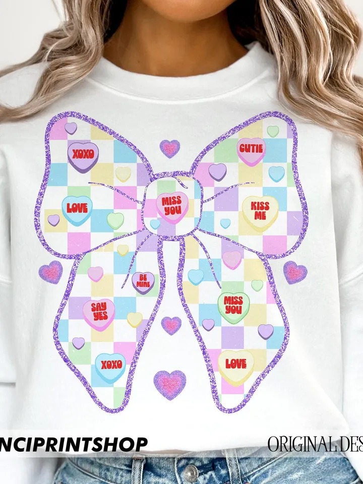 Valentines Candy Heart Bow png, Valentines Coquette Bow png, Cute Valentines png, Valentines Day png, Valentines Shirt png, Coquette bow png