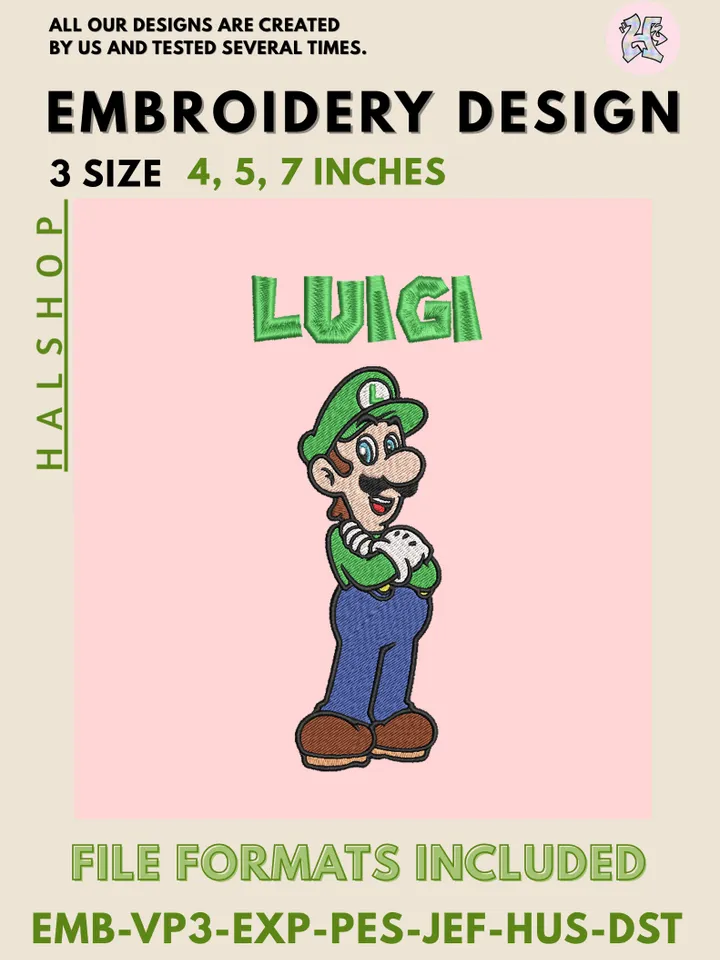 Luigi, Super Mario Machine Embroidery Design – Nintendo Cartoon Digital Embroidery File 💚🎮✨
