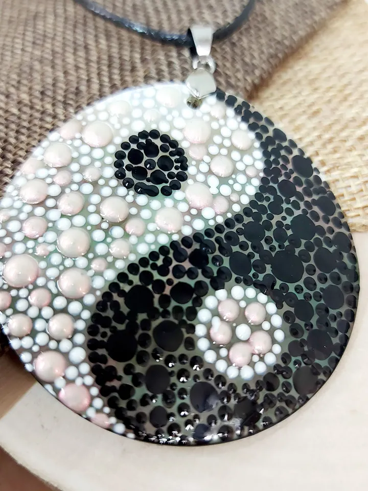 Illuminating Equilibrium: Hand-Painted Dotwork Yin Yang Pendant on Iridescent Mother-of-Pearl - Nacre Symbol of Ethereal Balance and Unity