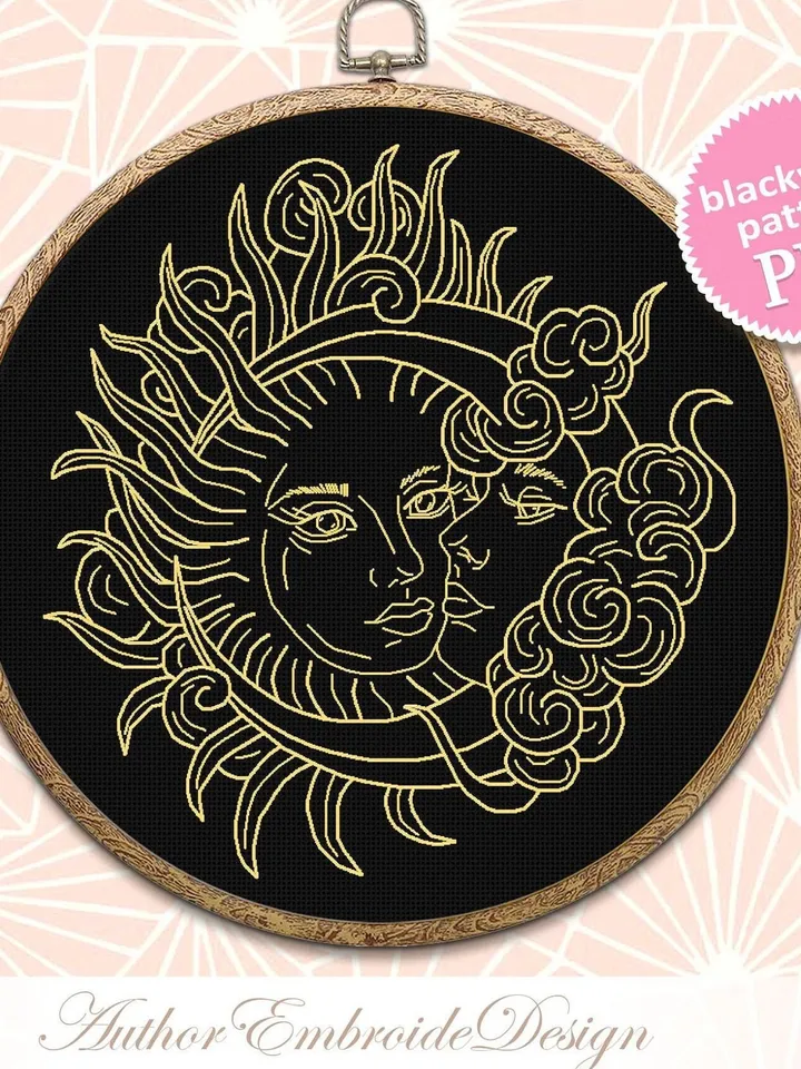 Sun and moon blackwork pattern PDF Moon magic blackwork embroidery download PDF, Mystical embroidery Backstitch chart, Moon cross stitch #W9