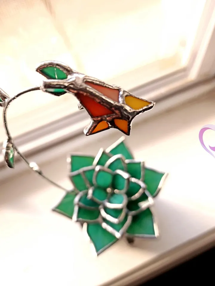 Stained Glass Succulent Flowering Echeveria Suncatcher in Pot Cute Desert Decor Perfect No Kill Terrarium Gift for Succulent Plant Lover