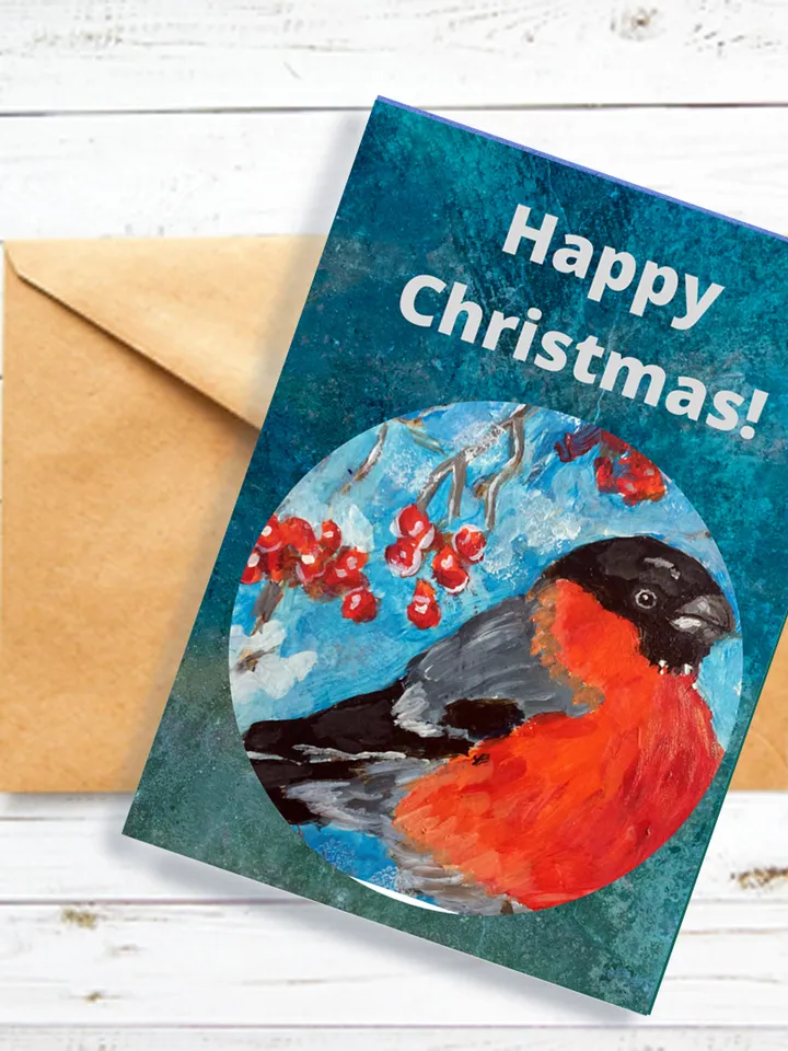 Christmas Cards with Birds Painting, Set of 5 Printable Holiday Cards, Digital greeting card, Printable Xmas cards