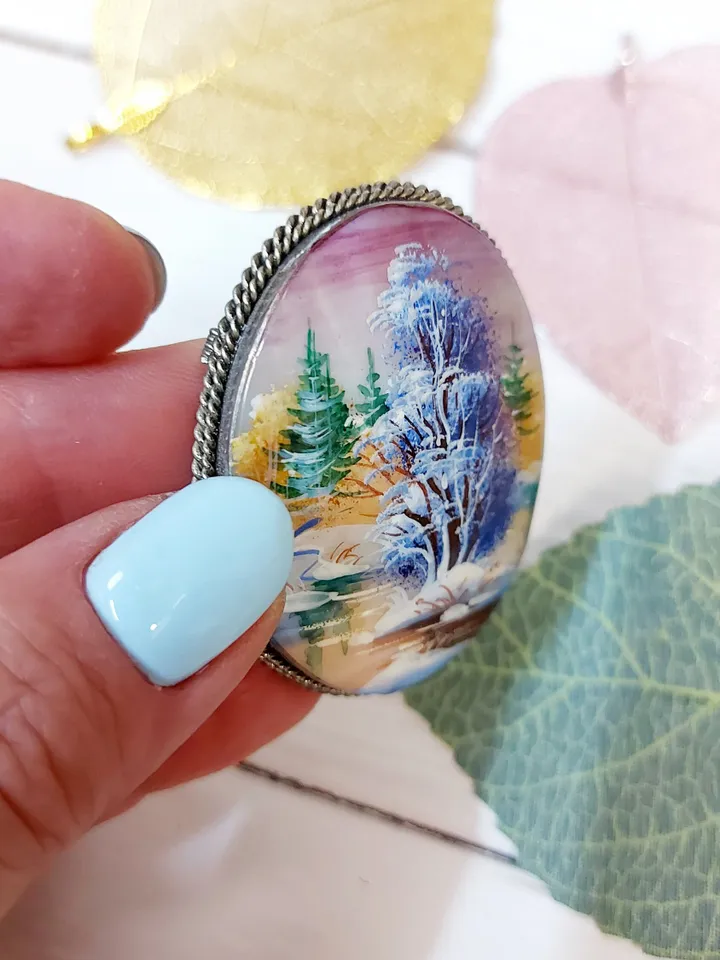 Brooches for women: Lonely solitary tree near snowy river on pearl brooch • aesthetic handmade jewelry • winter cute accessory for girl