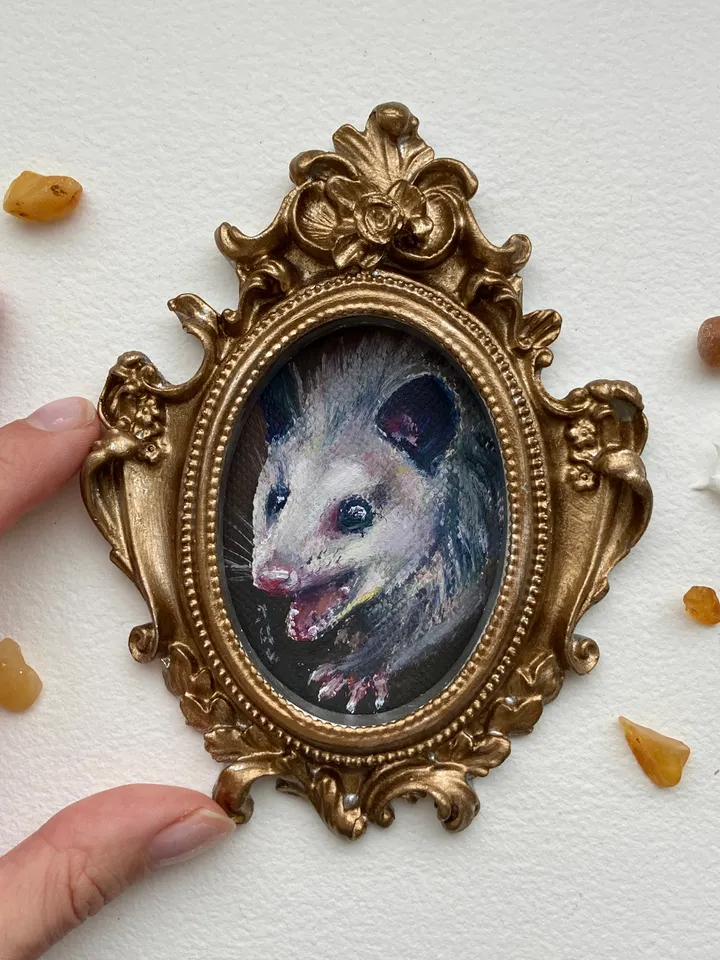 Opossum Oil Painting Original In Vintage Style Frame Small Framed Animals Wildlife Art