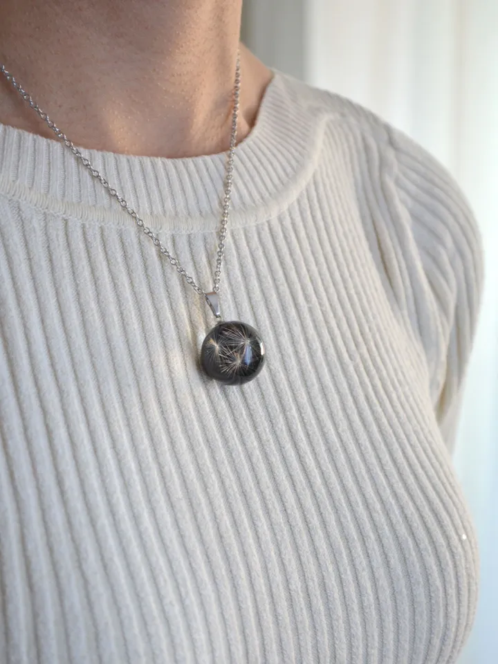 Real dandelion fluff pendant. A dandelion necklace. Transparent sphere pendant.