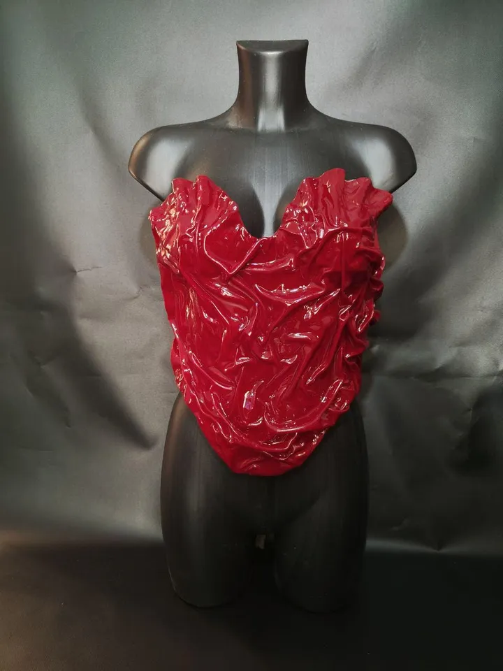 Red corset, cosplay corset, custom corset, crop top, plastic cotset, unique corset, festival corset, golden wave corset, photo props