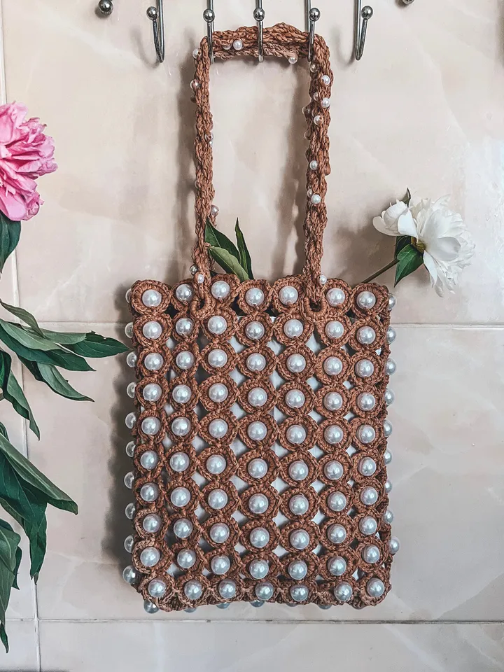 Raffia bag with beads crochet pattern PDF, digital instant download, video tutorial, summer bag, bridesmaid bag, net bag