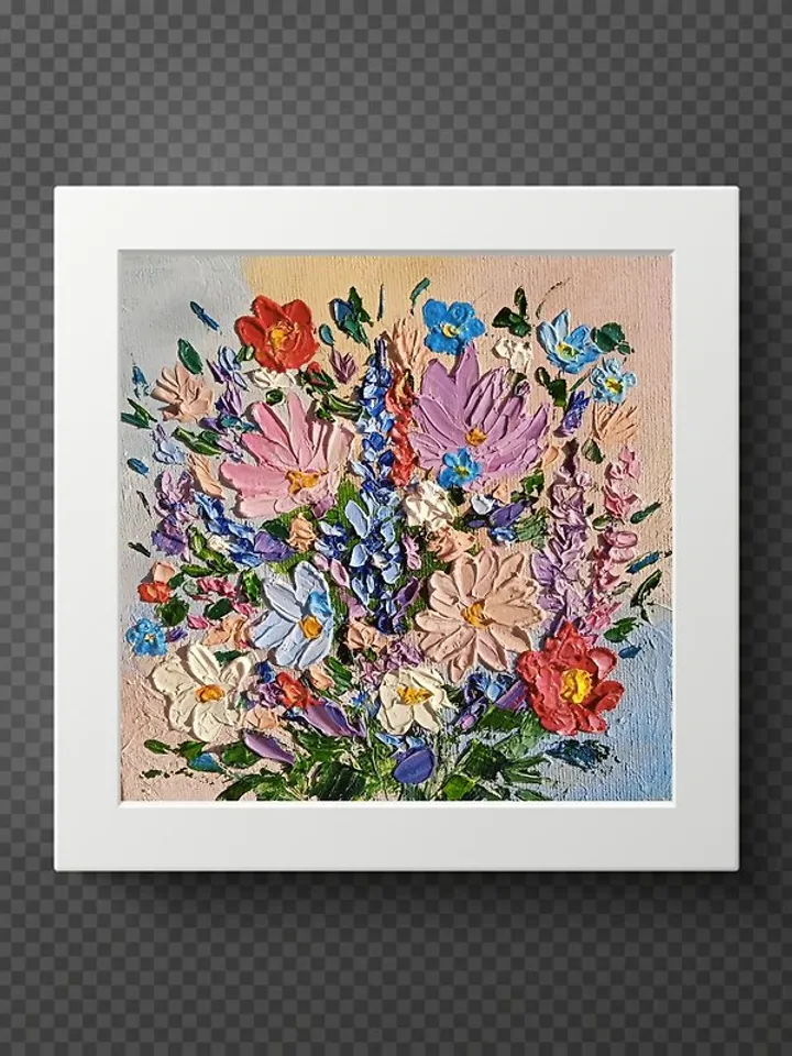 Oil Painting Bright Flowers Chamomile Poppies Impasto Art Miniature 6 x 6 inches