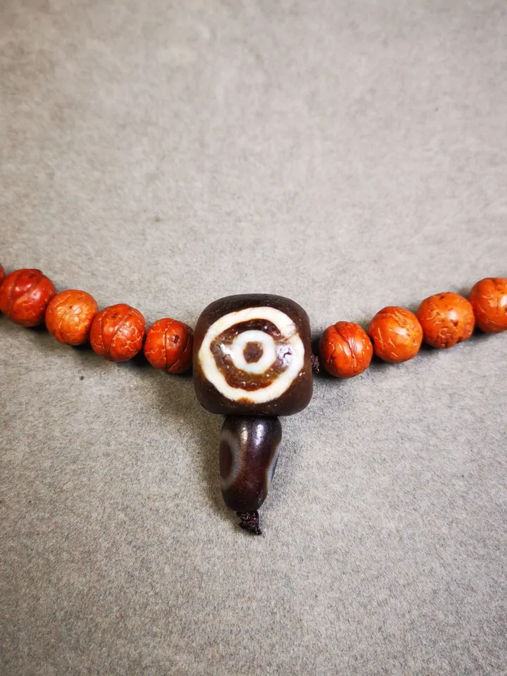 Gandhanra Old 2 Eyed Dzi Guru Bead,T-drilled 3-Hole Mala Bead, Prayer Bead,Connector Bead for Buddhist Bead