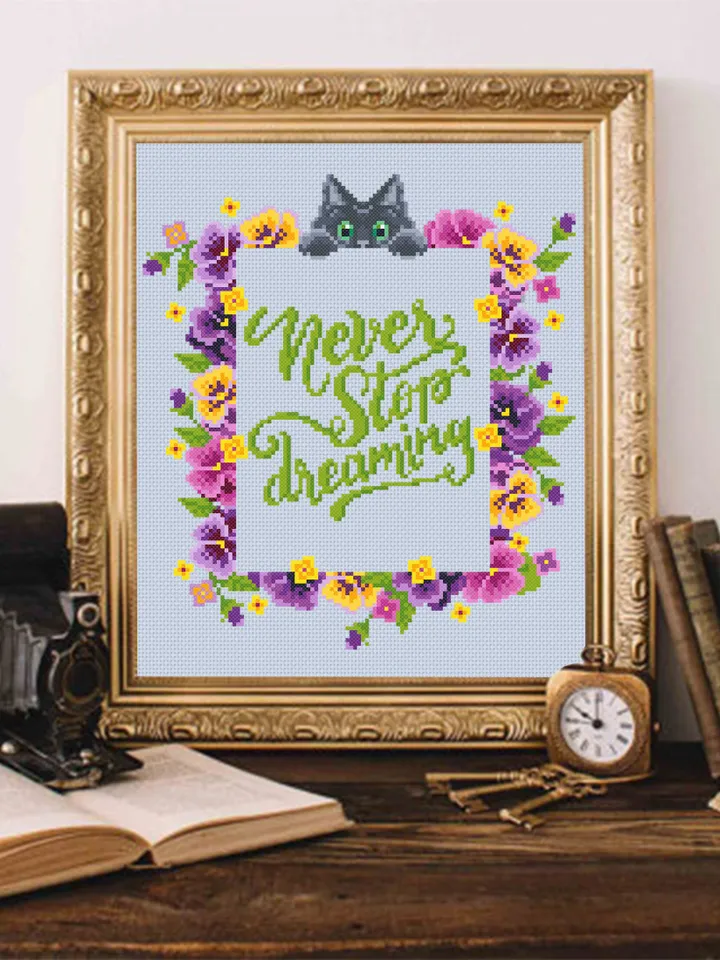 Floral frame cross stitch pattern PDF download Never stop dreaming quotes cross stitch chart, Flower border pattern digital PDF Pansy #Q18