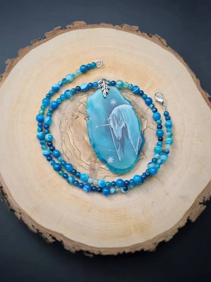 Unicorn necklace real oil painting Miniature on agate One of a kind Present OOA