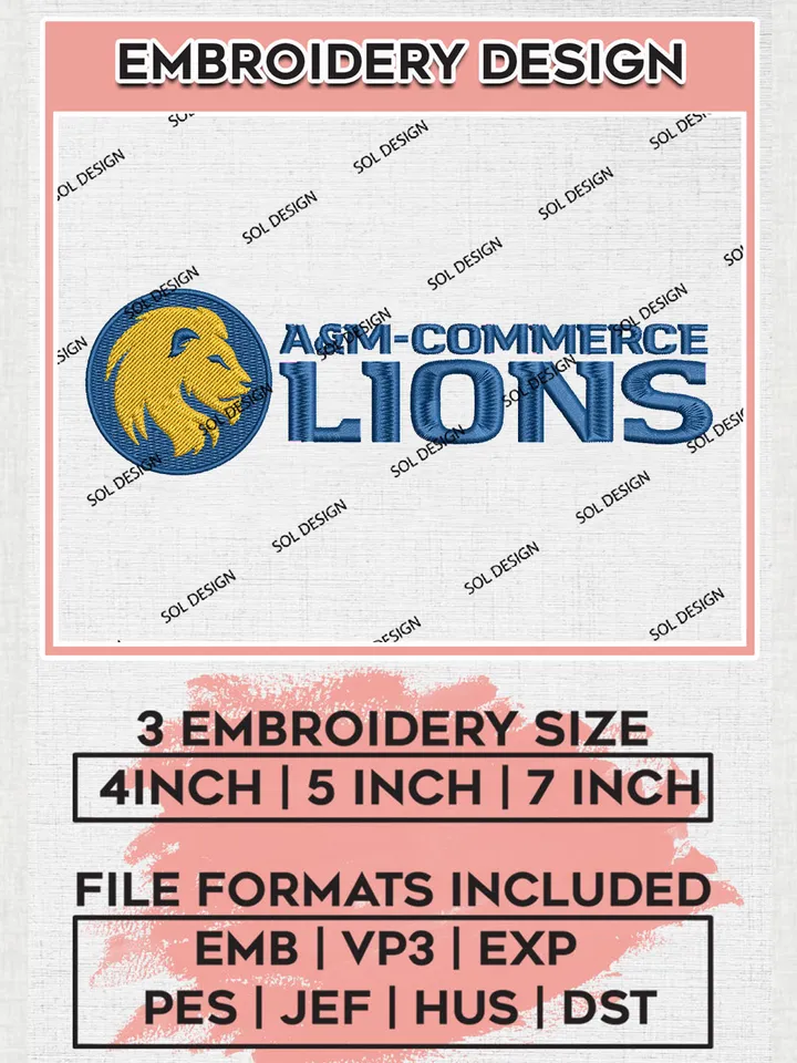 East Texas A&M Lions College Team Logo Embroidery Design Files, NCAA East Texas A&M Lions Machine Embroidery, NCAA Teams, 3 sizes, NCAA Machine embroidery designs, Digital Download