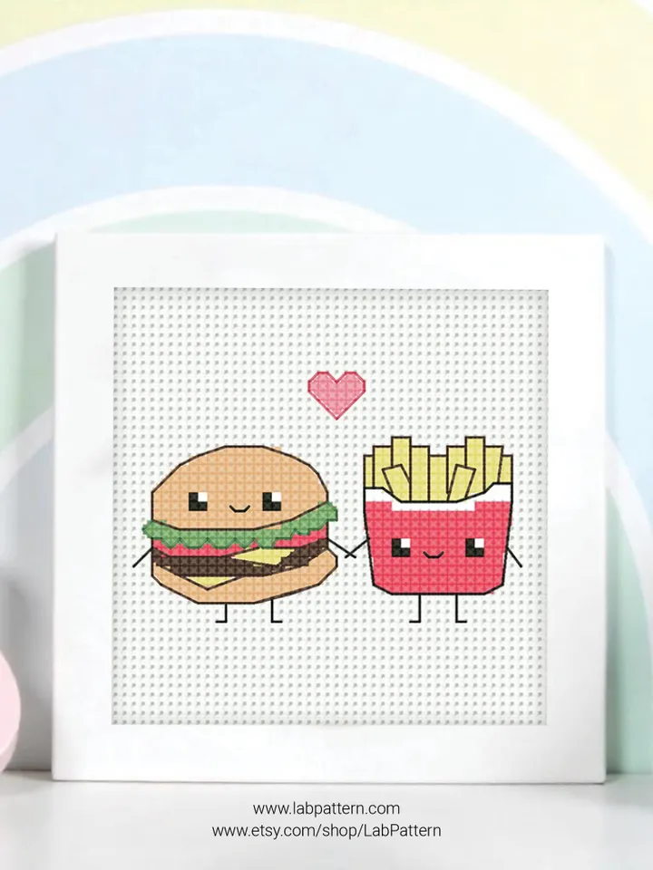 Bundle 4 Mini Foodie Couples Love Cross stitch patterns, Valentine's Day, beginner counted, modern chart, gift DIY, embroidery, instant PDF