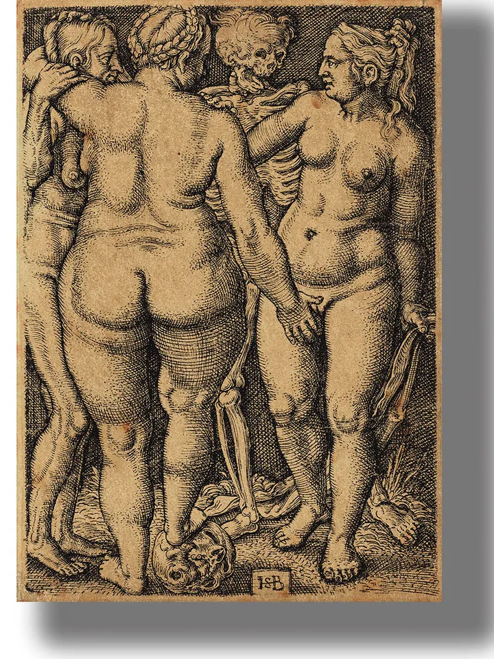 Death and three standing naked women.