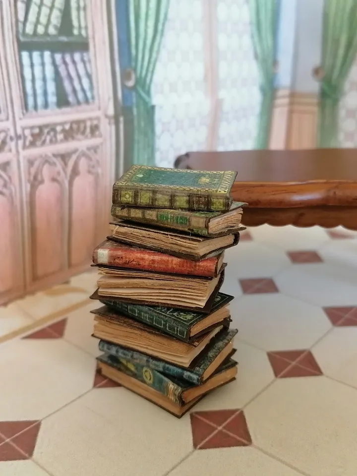 Stack of aged, vintage books. Imitation books. Dollhouse miniature. 1:12. Handmade.