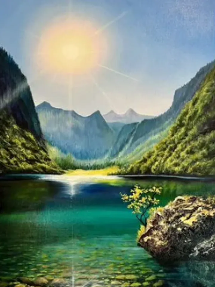 Painting on canvas “Mountain lake”, oil, size 40 x 60 cm