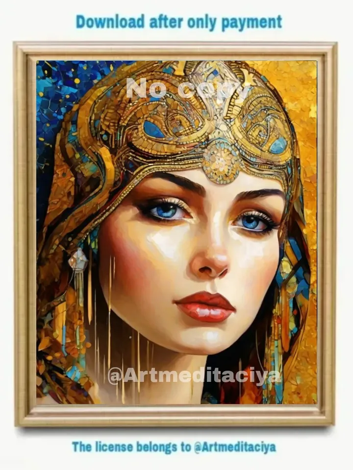 Digital abstract modern painting "Mysterious Stranger", a sweet blue-eyed Slavic woman in an ornamental golden-blue shawl on an abstract contrasting blue-yellow background "day-night", made in the ethnostille of oil painting