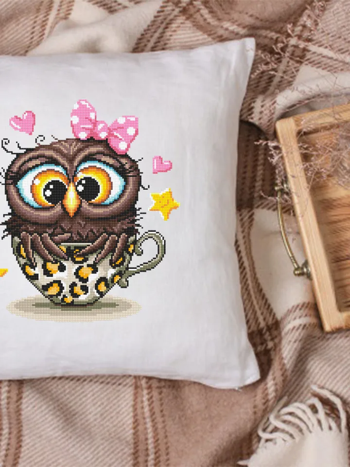 Cute owl cross stitch pattern digital PDF Leopard print cup cross stitch Instant download PDF Funny bird xstitch chart Modern Home decor #D5