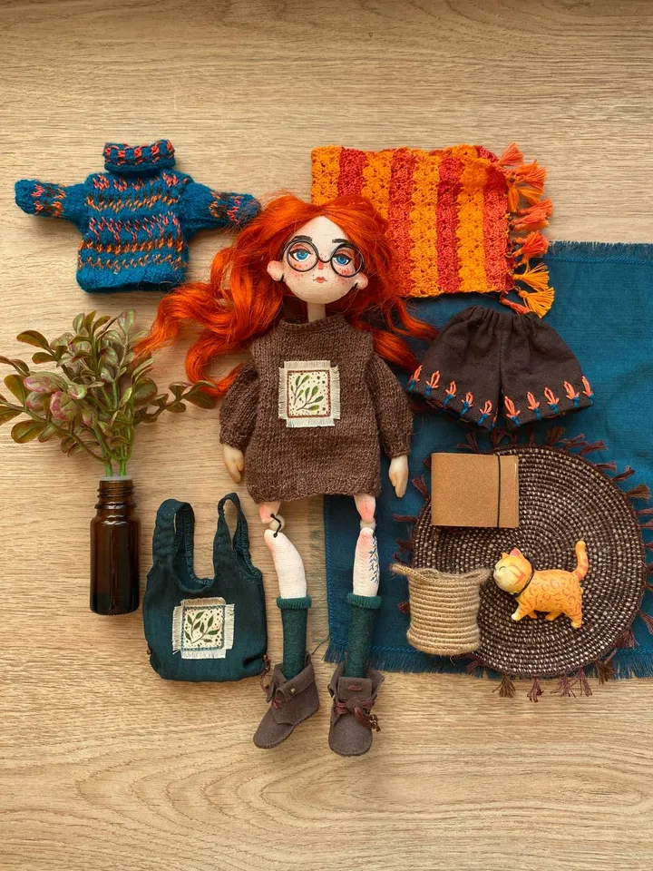 Red-haired doll with goblincore and cottagecore style with tattoos