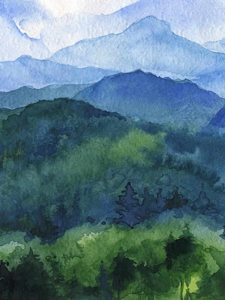 Watercolor poster with mountains, Watercolor digital file, Printable, Art poster, Blue-green landscape, Art print