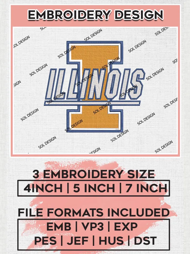 NCAA Illinois Team Writing Logo Machine Embroidery Design, NCAA Illinois Fighting Illini Team Design Design files, NCAA Team Embroidery Designs, NCAA Machine Embroidery Designs, Digital Download
