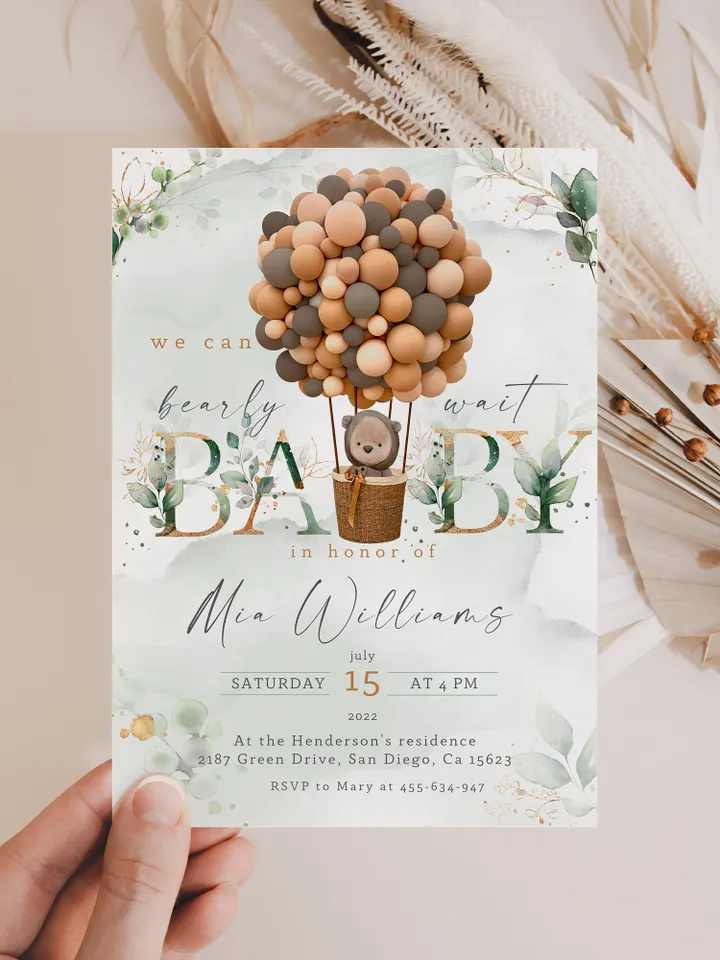 Teddy Bear Hot Air Balloon Baby Shower; We can bearly wait; Editable Teddy Bear Ballons Baby Shower; Neutral Gender Baby Shower Invitation