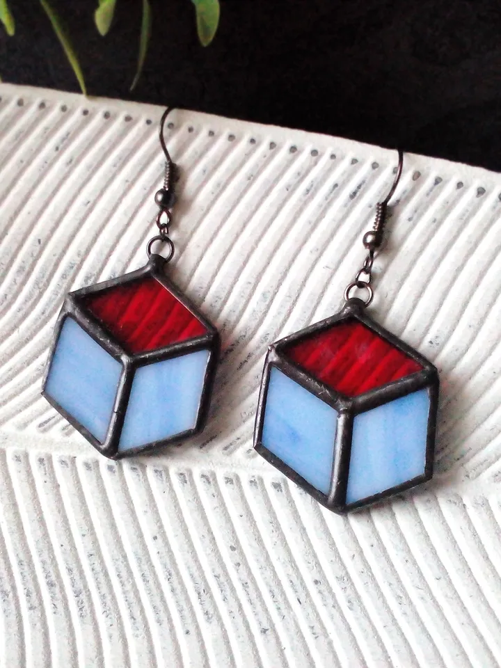 Cube earrrings, hexagon earrings, geometric earrrings, simple stained glass, blue stained glass, honeycomb