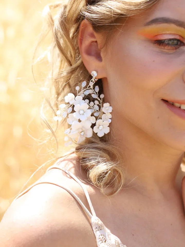 Hoop Rose Gold Floral Weddings Earrings | White Opal Crystal Bridal Earrings | Bohemian Gold Wedding Jewelry | Chandelier Statement Earrings