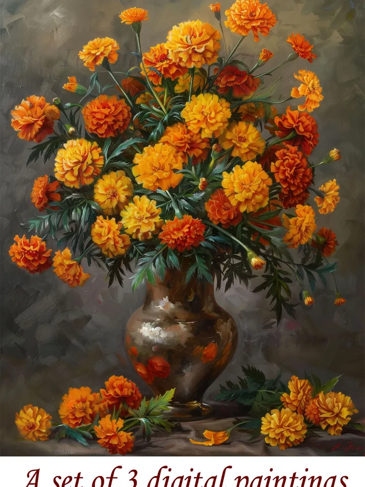 Art Print Digital Set of 3 vintage Renaissance paintings of roses, daisies and marigold flowers. Wall art. Home Decor. Instant download.