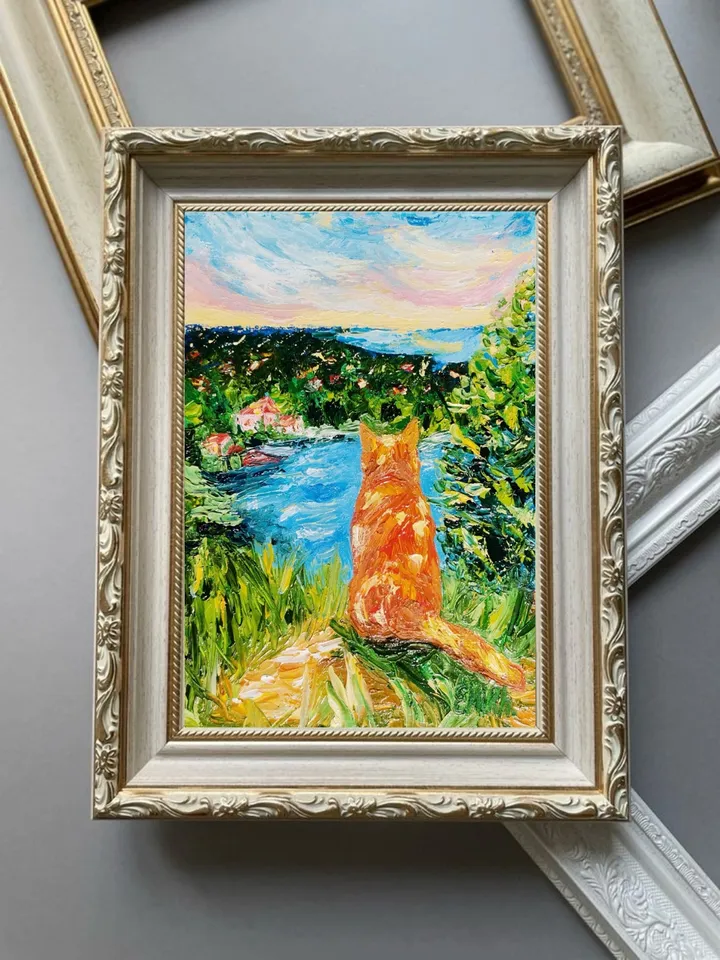 Textured oil painting "A red cat above eternal rest", 15x20*0.2 cm., 5,906x7,87 inches, 3d, impasto