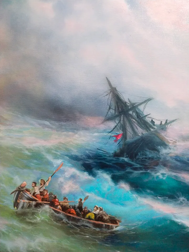 Seascape oil painting Shipwreck and boat art Turquoise wave Rainbow in the sea