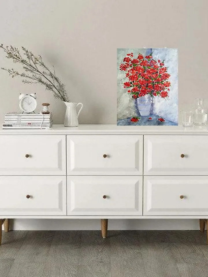 Oil painting Bright red flowers in a white vase Impasto Art 25 x 20 centimeters