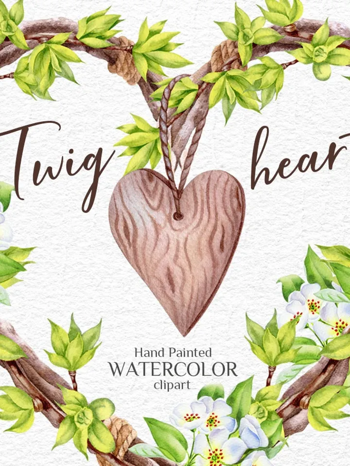 Boho heart-shaped wreaths Watercolor hand-painted clipart Country style Wedding decoration Holiday wishes invite Scrapbooking Printable PNG
