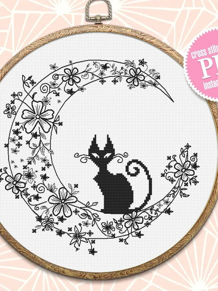 Cat blackwork pattern PDF Crescent moon Backstitch chart, Funny Black cat cross stitch, Flower moon blackwork embroidery download PDF #W4