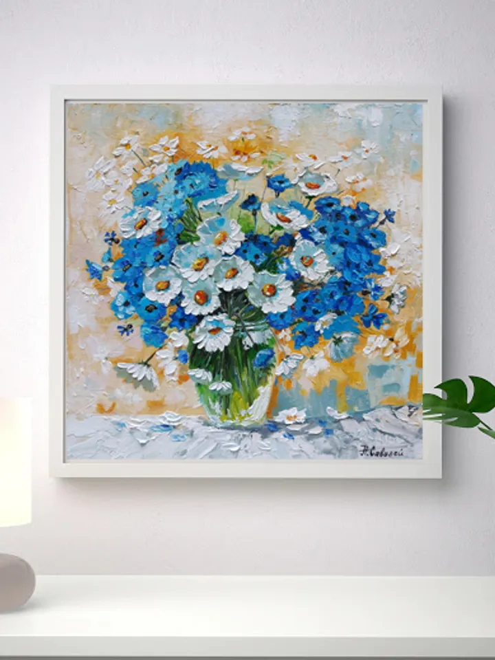 Original oil painting Daisies and cornflowers Bouquet of wildflowers 12" by 12" (30x30cm) by OilPaintingNatali