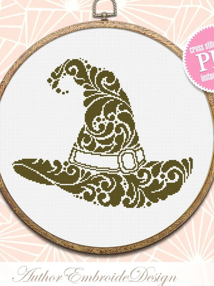 Halloween witch hat mandala cross stitch pattern PDF download Wizard hat cross stitch, Fantasy hat embroidery PDF, Vintage hat pattern #M212