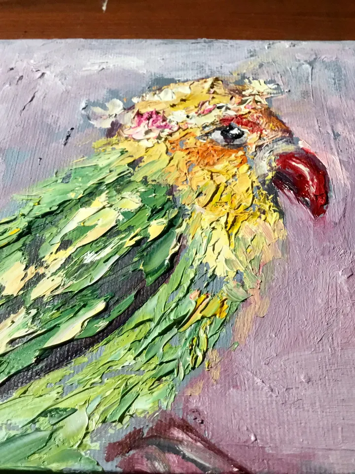 Couple of love birds diptych, parrots painting ,original oil impasto painting, small gift, wedding gift,exotic colourful birds painting.