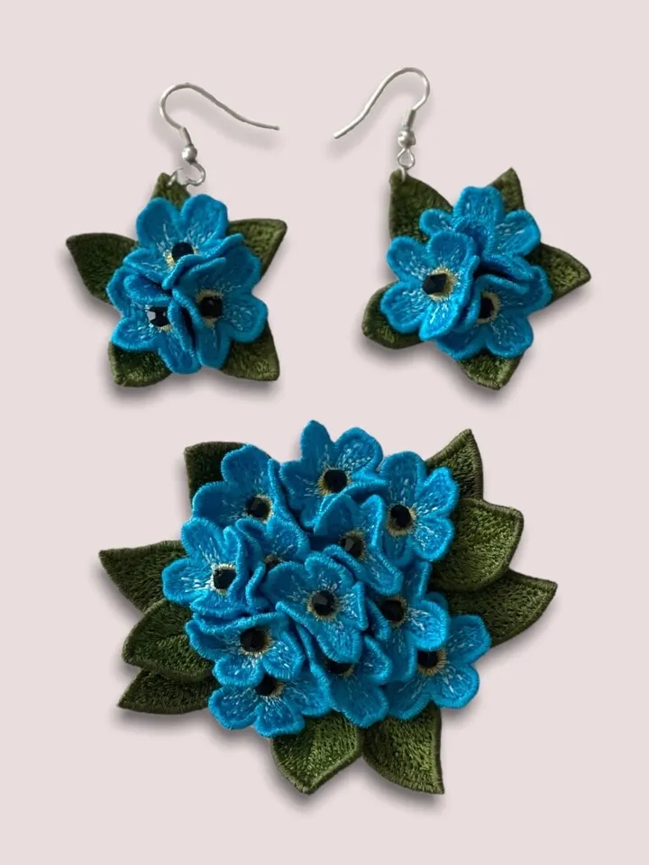 Machine embroidery design Brooch and Earrings FSL Forget-me-nots set for creating jewelry Digital embroidery pattern Flower motif Floral